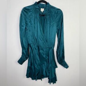 DIVINE heritage teal blue satin wrapped front ruffle mini dress